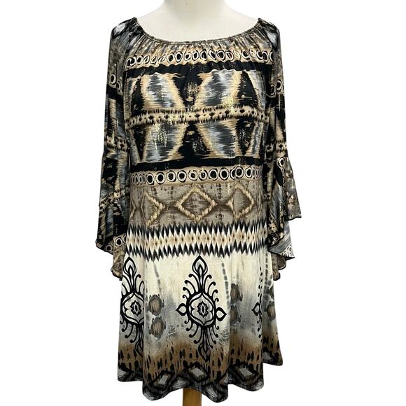 Parker Mini Dress XS Black Gray Tan Gold Abstract Stretch Bell Sleeve Boho Chic - Picture 2 of 14